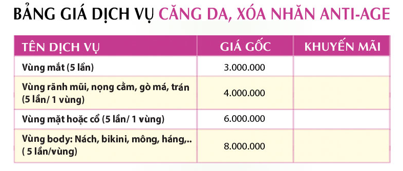 Bảng giá trị thâm, bọng mắt tại spa.